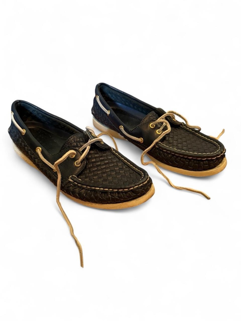 Sperry Navy Woven Leather Boat Shoes with Tan Laces